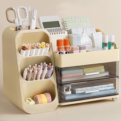 HBlife Desk Organizer with Pen Pencil Holder for Desk, Pen Organizer with 2 Drawers, Desk Organizers and Accessories with 4 Compartments, Desktop Storage for Office Home School Art Supplies, Beige by HBlife