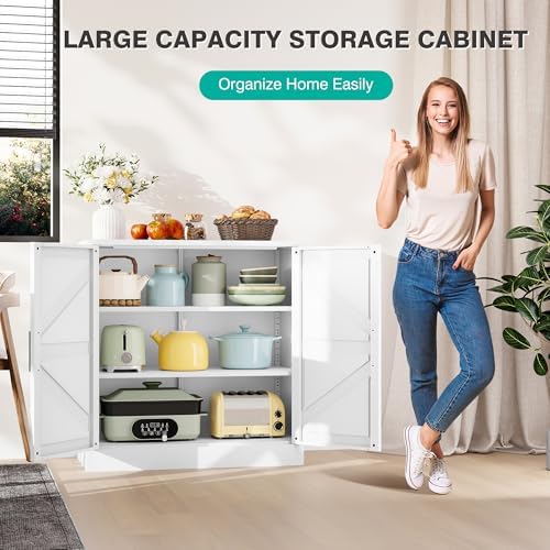White Storage Cabinet with Doors and Adjustable Shelves,36" Farmhouse Food Pantry Cabinets,Small Sideboard Cabinet,Short Metal Storage Cabinets for Home Kitchen,Dining/Living/Laundry/Room - Image 4
