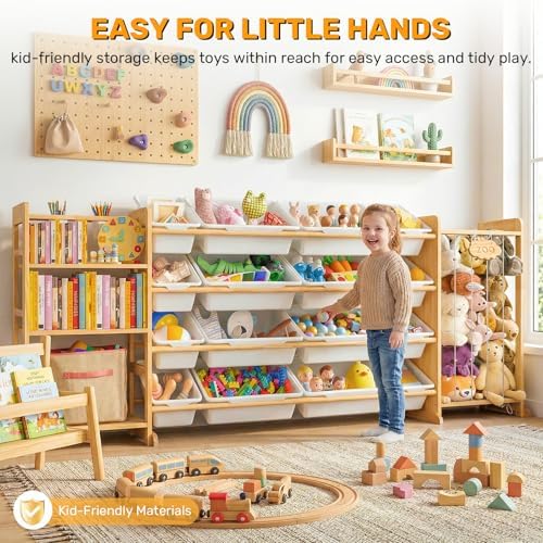 81" Large Toy Storage Organizer with Bins Shelves & Stuffed Animal Storage for Kids Wood Toddler Playroom Organization with Bookshelf Toys Box Wooden Organizers for Kids Room Nursery Bedroom - Image 5