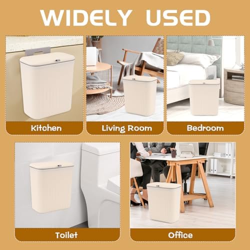 3 Pack Hanging Trash Can with Lid, Kitchen Compost Bin for Counter Top or Under Sink, Plastic Waste Basket Wall Mounted Garbage Can for Cupboard/Bathroom/Bedroom/Office/Camping (Cream) - Image 6