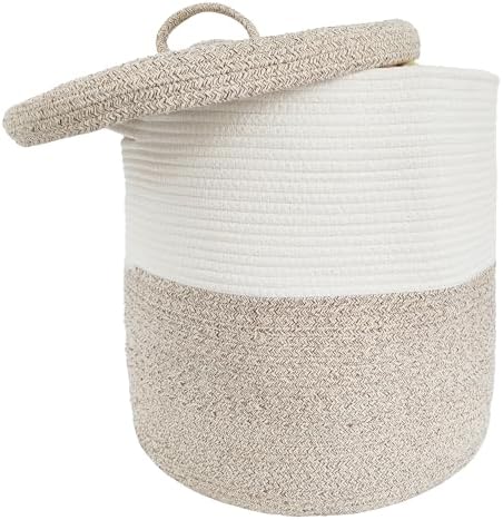Large Storage Basket with Lid 60L, 16"Wx18"H Woven Laundry Hamper Basket with Handle, Room Decor Cotton Rope Wicker Basket Toy Organizer Bins for Clothes Blankets Pillows, Beige/White Mix includes Lid by JIABOLANG