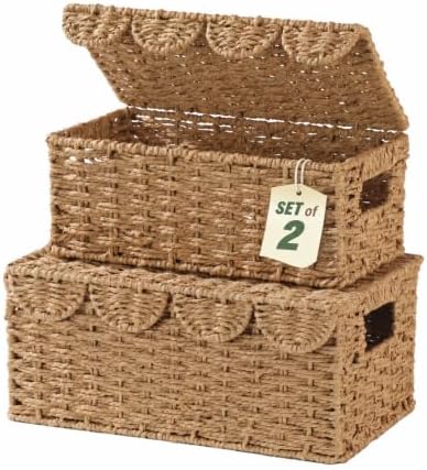 Set of 2 Scalloped Wicker Basket with Lid, Paper Rope Baskets for Shelves by WEAVECOMFORTINTOEVERYCORNER