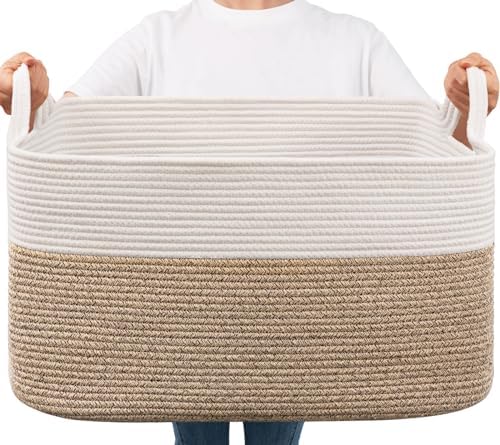 Goodpick Large Woven Rope Blanket Basket, Rectangle, White & Light Brown by Goodpick