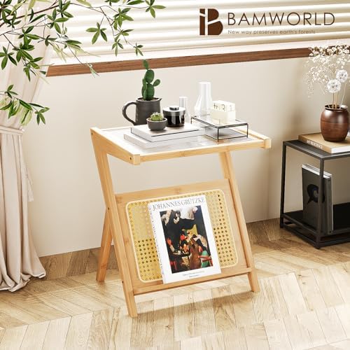 Bamworld Rattan Side Table Boho Nightstand with Storage Shelf - Image 3