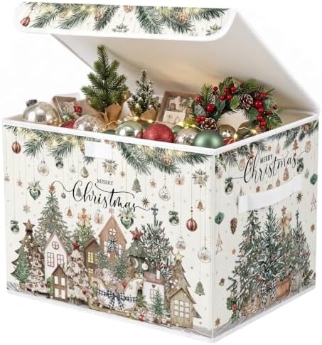 Briwooody Neutral Christmas Storage Bin with Lid and Carrying Handle Christmas Tree Foldable Storage Box Large Xmas Decorative Collapsible Container Basket for Organizing Closet Home Bedroom Gift by Briwooody