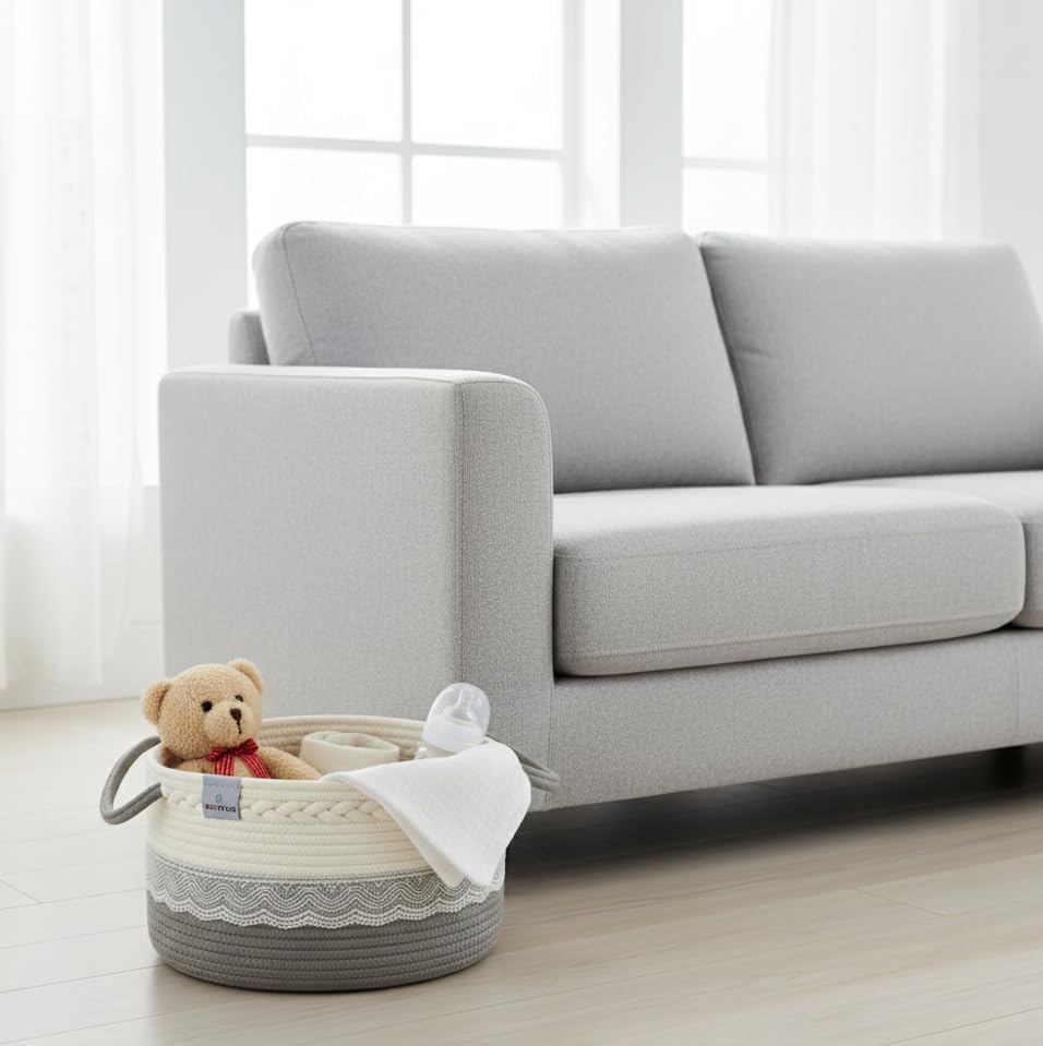 Baby Diaper Caddy Organizer,Woven Rope Nursery Storage Bin,Newborn Gift Basket,Extra-Large Cotton Basket with Removable Compartments,Portable (Grey, Large) - Image 3