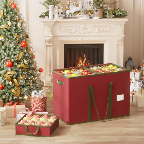 160-3” Large Christmas Ornament Storage Box, Dual Zippers, Stackable Christmas Storage Container with Clear Top Lid, 6 Trays, 600D Oxford, Red - Image 2