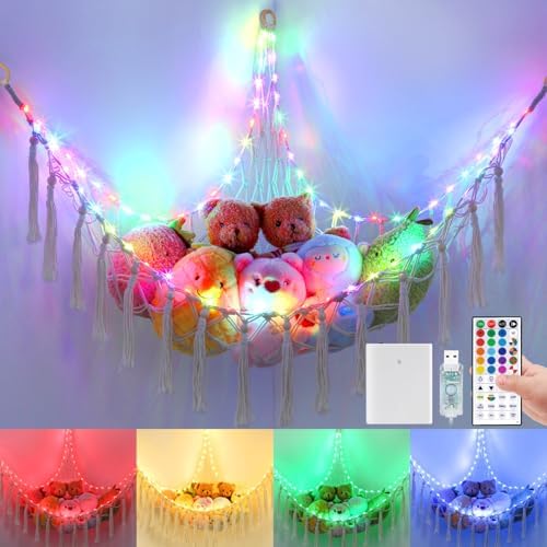 Stuffed Animal Hammock 75LEDs, 20 Colors Warm White 55in Extra Large Storage Macrame Hammock with Remote, USB Powered Hanging Plush Animal Net for Kids Bedroom Doll Room Corner Organizer(XL) by KrislaitbyAmbienceGlobal