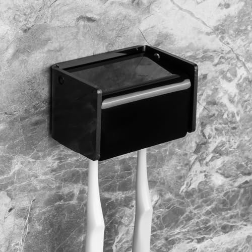 Toothbrush Holder Wall Mounted with Cover for Bathroom, 2 Slots Toothbrush Storage Organizer for Shower, Self Adhesive Toothbrush Hanger Rack for Dorm, Cabinet (Black) by LUEXBOX