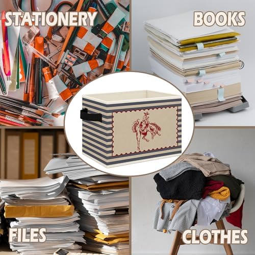 Western Cowboy Nursery Foldable Storage Bins Box with Handles, Retro Blue Striped Western Collapsible Toys Books Clothes Organizer Basket for Kids Boy Nursery Room Bedroom Bathroom Playroom - Image 6