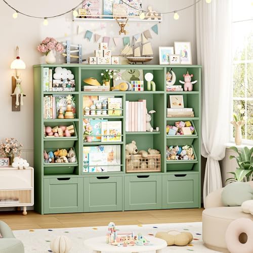 FINETONES Toy Storage with Sliding Bookshelf, Toy Organizer with 4 Bins - Image 5