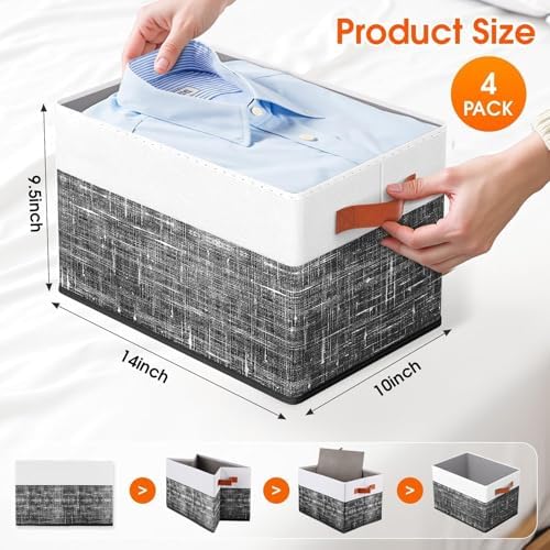 Fab totes Collapsible Storage Baskets for Shelves,14"x10", 4 Pack Foldable Fabric Storage Bins with Double Leather Handles, Large Baskets for Organizing Books, Clothes, White & Black - Image 2