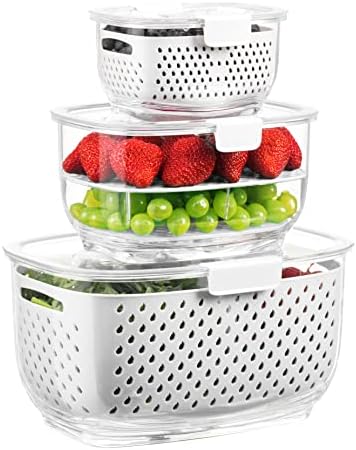 LUXEAR Fresh Produce Vegetable Fruit Storage Containers 3Piece Set, BPA-free, Partitioned Salad Container, Fridge Organizers, Used in Storing Fruits Vegetables, White by Luxear