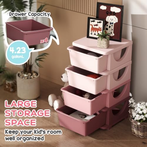 Qaba 4 Drawers Kids Storage Unit 4 Tier Toy Organizers Pink - Image 3