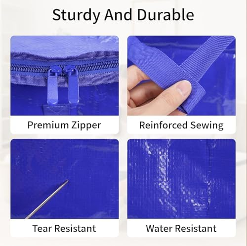 4 Pack-Extra Large Heavy Duty Moving Bags - Waterproof Storage Totes with Handles & Zippers, Foldable for College Dorm, Storage (Blue) - Image 5