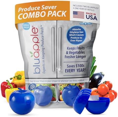 Bluapple Produce Saver Ethylene Gas Absorber - Fresh Fruit & Vegetable Storage for Refrigerator, Each Packet Lasts 3 Months, Produce Storage, BPA Free - Combo Pack (8 Packets & 2 Bluapples for 1 Year) by TheBluappleCompany