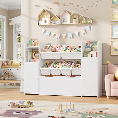 2 Pcs 55''W Storage Cabinet with Large Chest, Montessori Bookshelf, White - Image 6