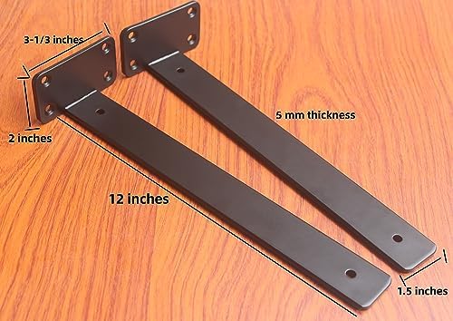 6 Pack - 12 inch Black Hidden L Shelf Bracket (1/5 Inch Thicked) Iron Floating Shelf Brackets Rustic Industrial Metal Brackets for Shelf Support - Image 2