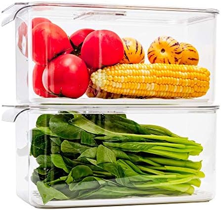 Slideep Refrigerator Food Storage Containers, Lettuce Keeper Large Produce Saver Stackable Container with Lids & Removable Drain Tray, Clear Veggie Fruit Salad Lettuce Container -2 Pack by WelcometotheSlideep