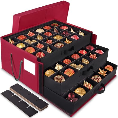 BlessedSeason Christmas Ornament Storage Box，Stackable 3 Drawer Organizers，Max 72 3" Christmas bauble, Adjustable Christmas Ball Storage Container Bins, Red by Unknown