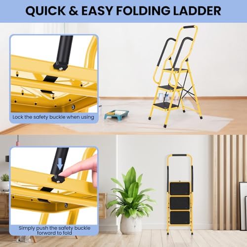Step Ladder 3 Step Folding with Handrails, Folding Step Stool with Wide Anti-Slip Pedal, Sturdy Steel Portable Ladder, Lightweight Step Stool Foldable for Library Home Garage Office, Yellow - Image 5