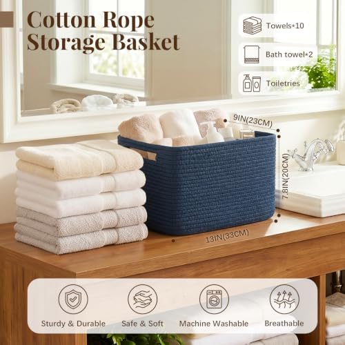 OIASKET 4Packs Natural Cotton Rope Storage Baskets for Organizing Toys, Clothes, Towels & Books, Soft Versatile Organizers for Shelves, Home Decorative Bins, 13''Lx9''Wx7.8''H, Blue - Image 2