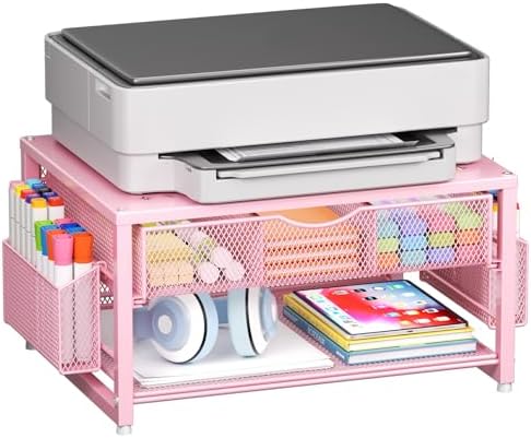 Marbrasse Metal Printer Stand for Desk with Storage Drawer and 2 Pen Holders, 2-Tier Desktop Organizer Printer Table for Home Office, Multi-Purpose Desk Organizer for Fax Machine Scanner Files(Pink) by Marbrasse
