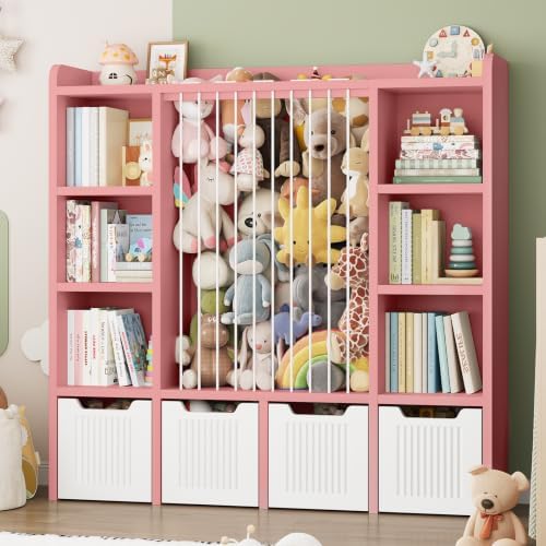 ONBRILL 3-in-1 Toy & Stuffed Animal Storage, 4 Movable Toy Chest, Pink by ONBRILL