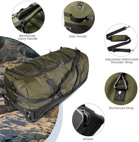 110L Expandable to 140L 32” Foldable Oxford Soft-Sided Rolling Duffle Bag with 2 Heavy-Duty Wheels,2 Large Compartments,Adjustable Shoulder Strap and Attached Organizer Pouch,Green - Image 4
