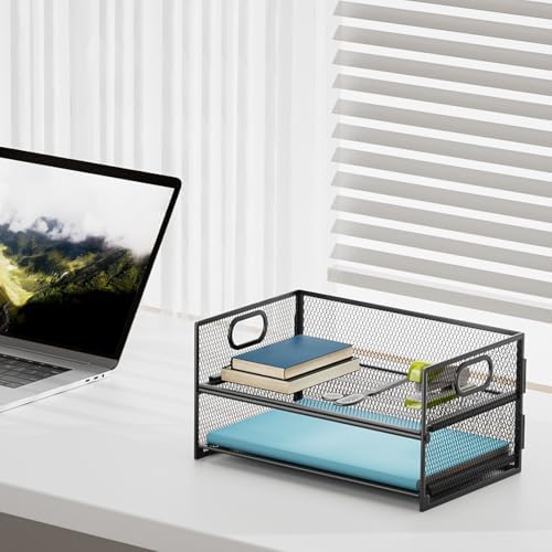 Marbrasse 2 Tier Paper Organizer Letter Tray, Mesh File Organizer with Handle, Paper Sorter Desk Organizer for Home Office Supplies - Black - Image 3