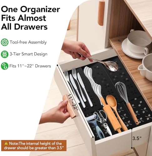 Spice Drawer Organizer 3-Tier Expandable (11"-22" Wide), Spice Rack for Cabinet with Funnel & Spice Labels, Fits Large Jars, Seasoning Storage Insert Design for Cabinet & Drawer (Black) - Image 3