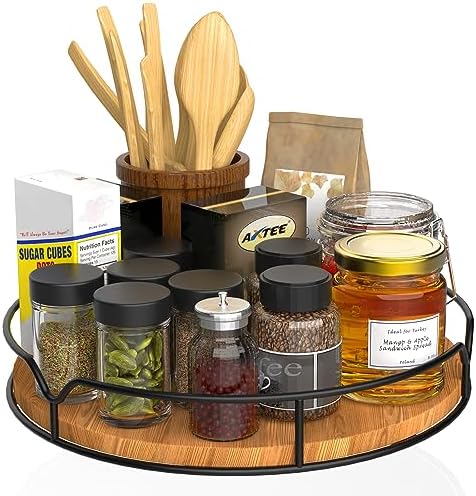 Lazy Susan Turntable Organizer for Cabinet Pantry Kitchen Countertop Refrigerator Cupboard, Pine Wood, 9", Carbonized Black by AXTEE