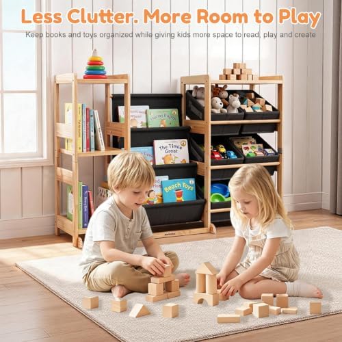 Kids Bookshelf & Toy Storage Organizer with 5 Gray Bins - Image 6