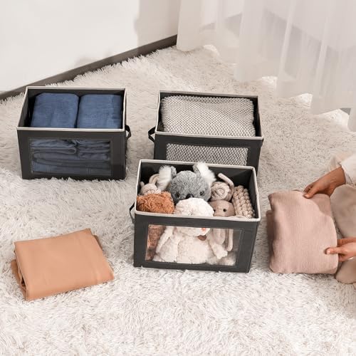 Homsorout Storage Bins with Lids - Fabric Storage Boxes with Window, Collapsible Closet Organizers with Handles, 3 Pack Decorative Bin, Home Cubes Baskets for Clothes, Hat, Books, Dark Grey - Image 6