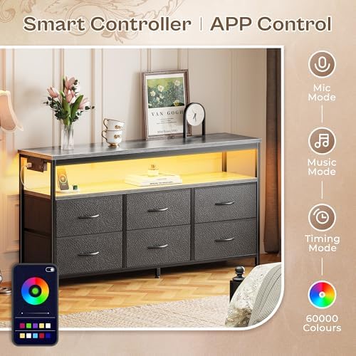 Huuger LED TV Stand for Bedroom, 47 Inch Dresser TV Stand for 43, 50, 55 Inch TV, Grey Black TV Stand with Storage, Entertainment Center with Power Outlets, 6 Drawer Fabric Dresser for Living Room - Image 4