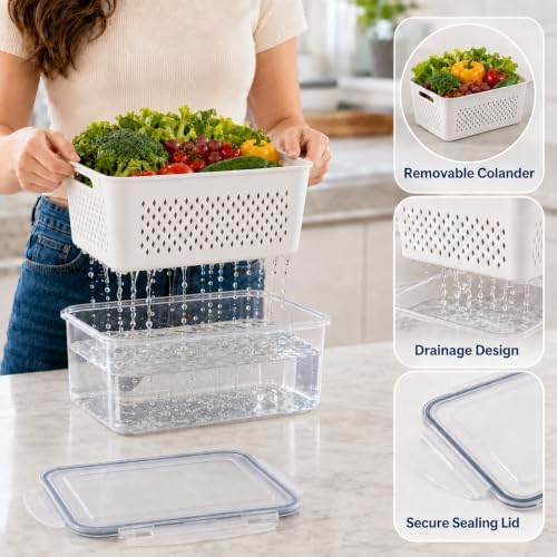 4 Pack Fruit Storage Containers for Fridge, Produce keeper with Colander - Image 3