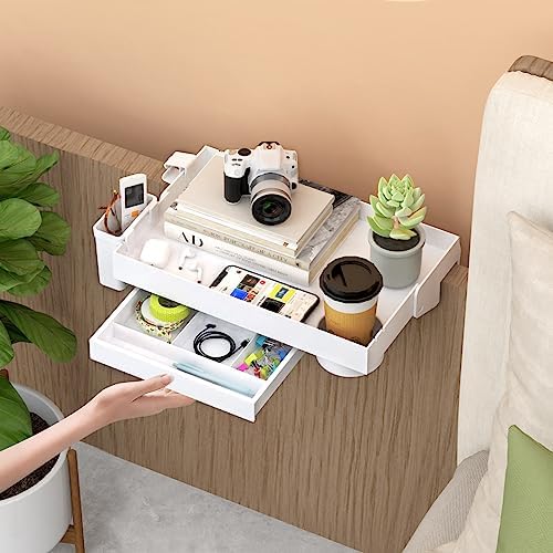 Ronlap Folding Bedside Shelf Bunk Bed Shelf Organizer for Top Bunk Clip On Bed Side Shelf Tray for College Dorm Loft Plastic Bedside Nightstand with Cup Holder, Small Size with Drawer, White - Image 6
