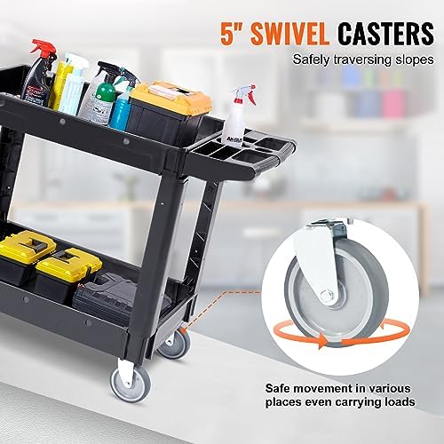 VEVOR Utility Service Cart, 2 Shelf 550LBS Heavy Duty Plastic Rolling Utility Cart, Medium Lipped Shelf, 360° Swivel Wheels, Ergonomic Storage Handle for Warehouse Garage, Black - Image 3