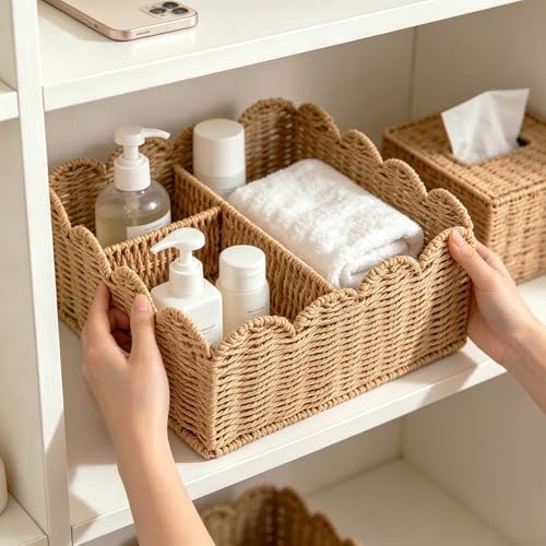 Rattan Divided Scalloped Basket,Wicker Diaper Caddy Scalloped Baske,Woven Natural Basket with 4 Dividers,Suitable for Baby Rooms, Bathrooms, Bedrooms (Paper Rope) - Image 2