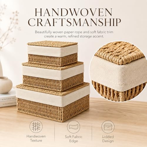 Storage Baskets with Lids Set of 3, Woven Bins with Liner - Image 3