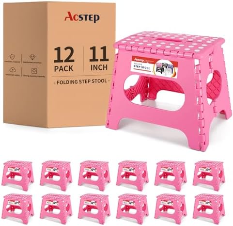 ACSTEP 12 Pack 11 Inch Folding Step Stool, Sturdy Plastic Foldable Step Stool for Kids & Adults, Non Slip Lightweight Collapsible Foot Stools Holds 300 lbs, Ideal for Kitchen, Bathroom, Outdoor, Pink by ACSTEP