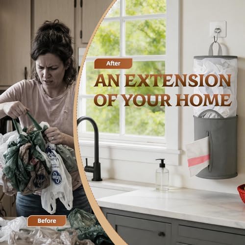 HOUSE AGAIN Bag Saver-Extra Large Plastic Bag Holder Dispenser, Organizer for Grocery Trash Roll,Oxford Machine Washable-Daily Storage Solution for Kitchen/Bathroom/Laundry (Deep Grey-1 Pc) - Image 3