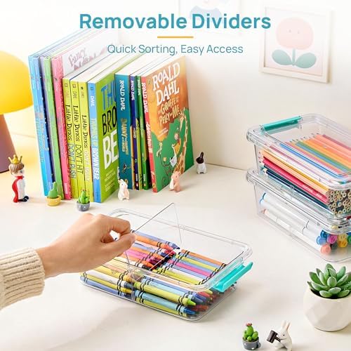 Vtopmart 12 Pack 1.5Qt Clear Pencil Box, Plastic Pencil Holder with Removable Divider for Pen Organizer, Small Stackable Containers with Lid for Pen, Art Craft, Sticker, Scrapbook & Office Supplies - Image 3