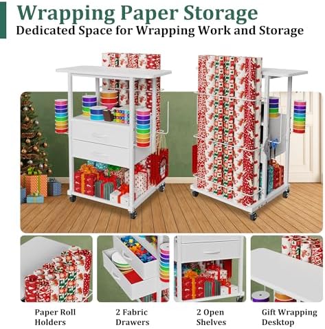 Wrapping Paper Storage Cart with 12 Rolls Wrapping Paper Organizer Holder, Rolling Craft Cart with 2 Fabric Drawer, Gift Wrapping Station with 4 Hooks Storage Ribbons and Gift Bags, Spave Saving - Image 6