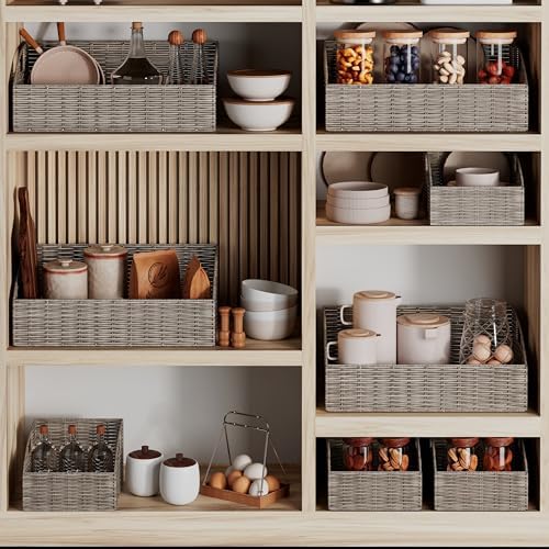 Pantry Baskets Organization, Wicker Storage Bin Shelf Grey - Image 4
