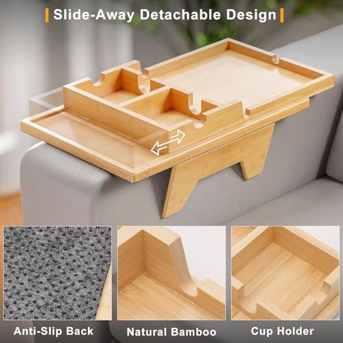 Bestjing 2 in 1 Bamboo Couch Cup Holder Tray with Double Holder Tray - Image 3