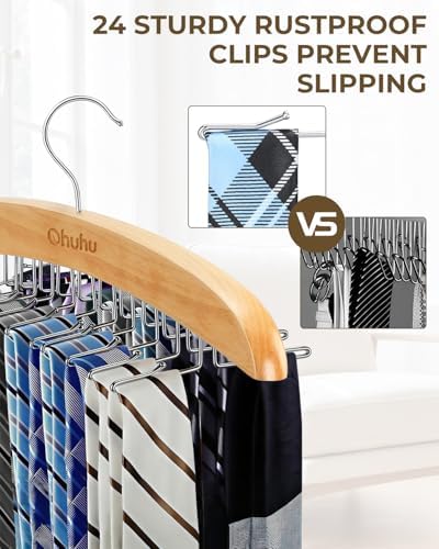 Ohuhu 24-Hook Wooden Tie Rack, 360° Rotating Rustproof Closet Hanger - Image 3