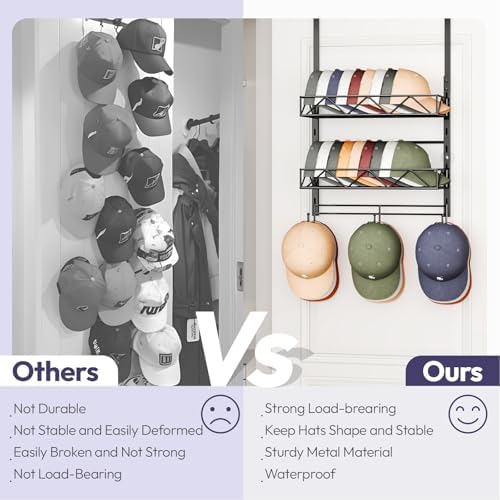 SWTYMIKI Over Door Hat Organizer - 3 Tier Wall Mounted Hat Rack with 2 Adjustable Metal Basket and 3 Hooks, Hanging Baseball Cap Organizer Storage Holds up to 29 Caps for Door, Bedroom, Closet - Image 3