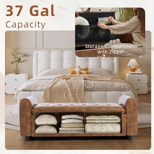 48" Ottoman with Storage, Tufted Storage Ottoman Bench, Convenient Living Room Fabrics Bench Seat, Entryway Shoe Benches with Inner Zipper & Arm, Rivetless Upholstered Window Seat Ottomans, Brown - Image 3