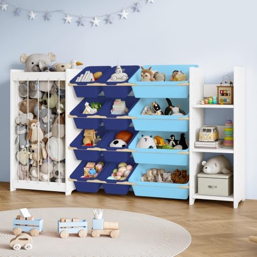 EXPERLAM 3-in-1 Kids Toy Storage Organizer, White Solid Wood, Blue Bins by EXPERLAM